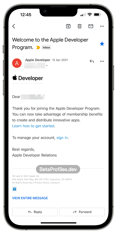 email welcome to apple developer program