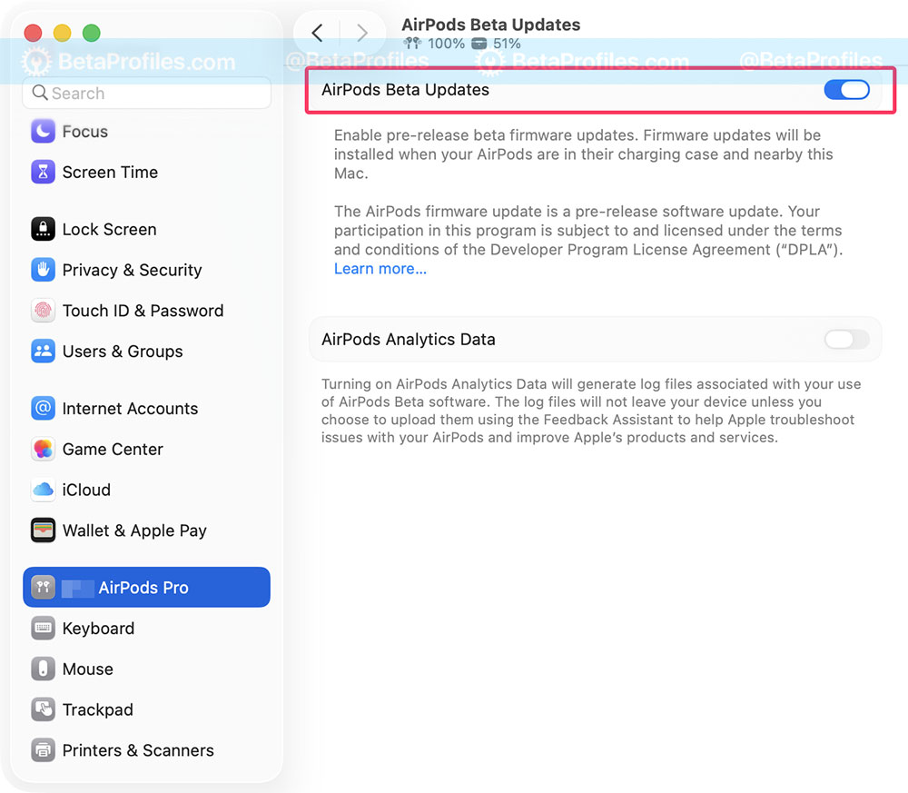 turn on airpods beta updates on Mac