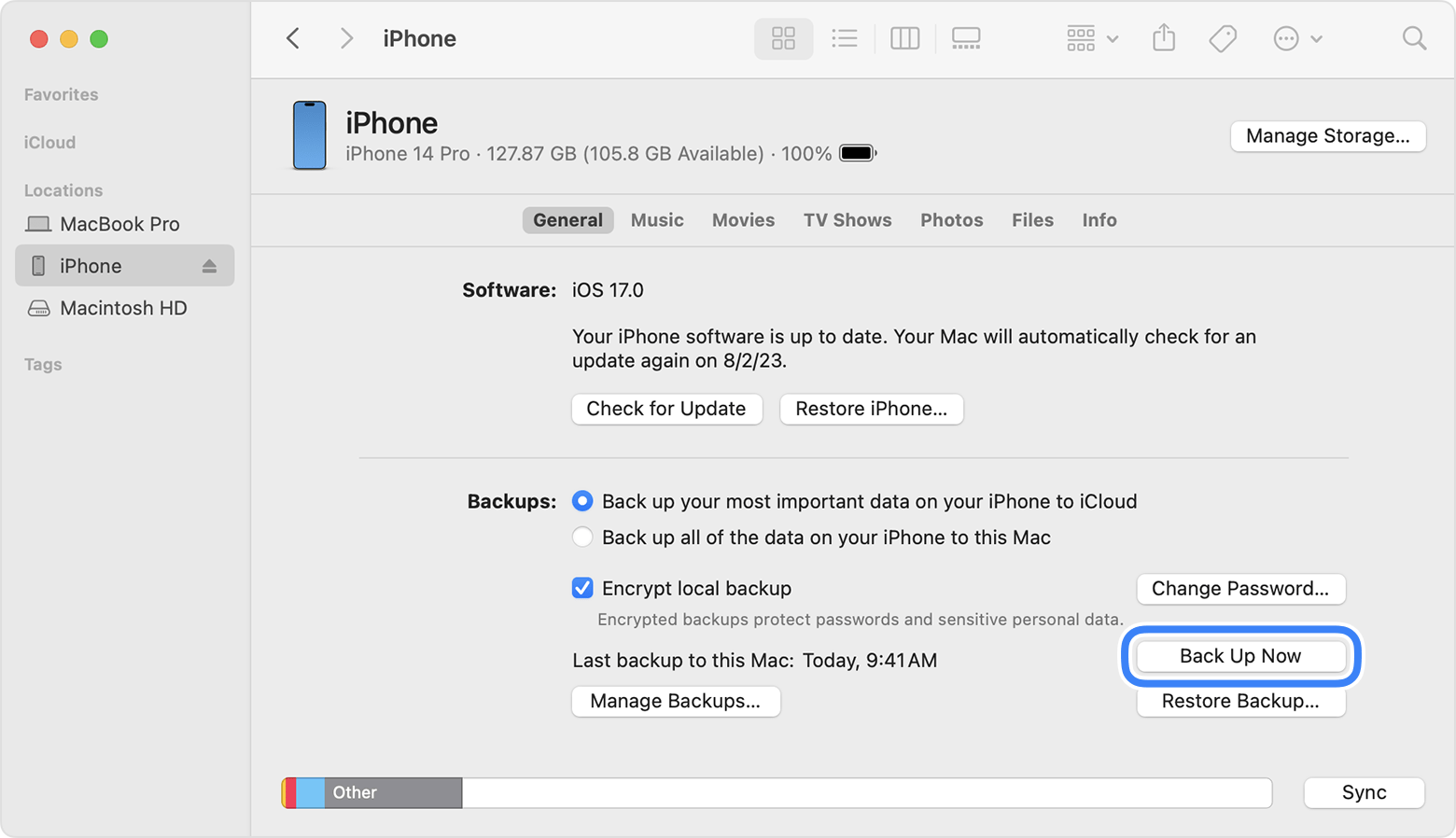 backup iphone via finder macos