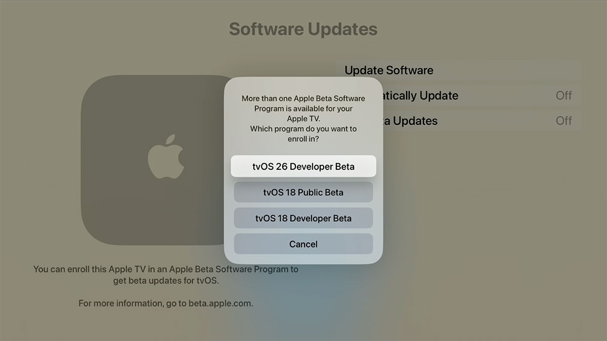 choose tvos 26 developer beta on apple tv