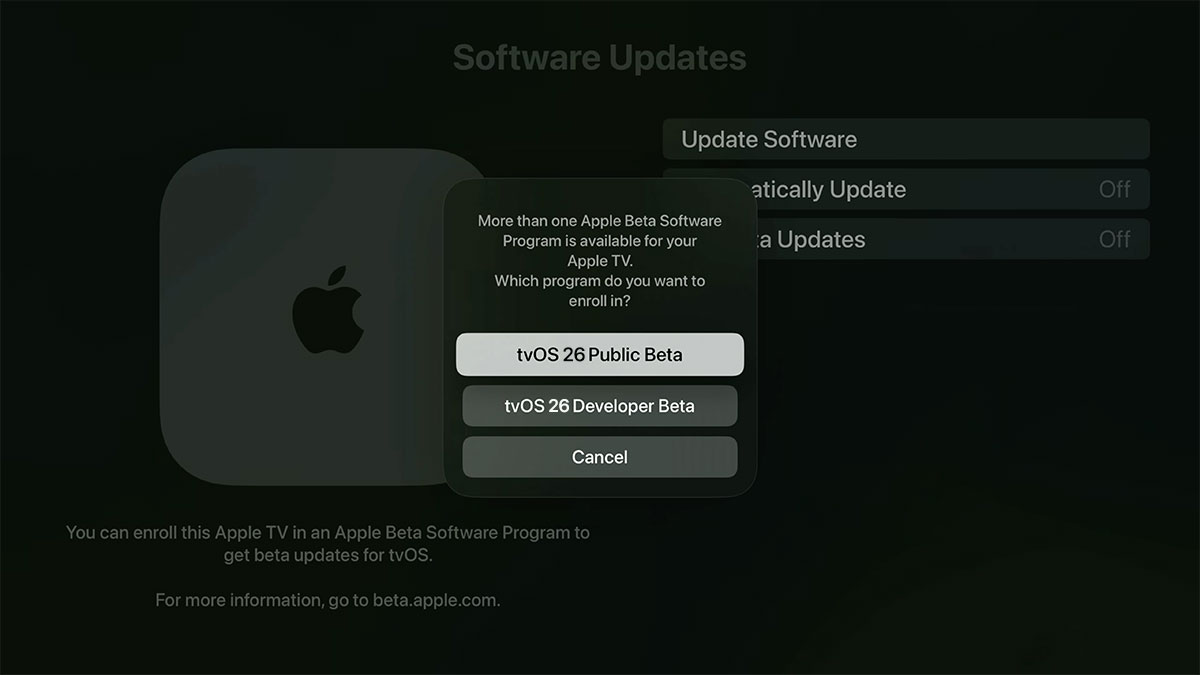 choose tvos 26 public beta on apple tv